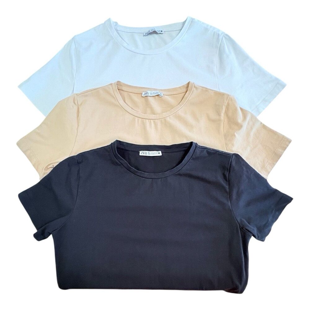 Zara Women’s Lot Of 3 T-Shirt’s Cropped Short Sleeve Crew Neck Neutrals Medium